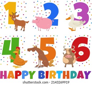 Cartoon illustration design of the birthday greeting cards set for children with farm animal characters