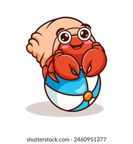 cartoon illustration design of a cute and kawaii hermit crab sitting on a beach ball