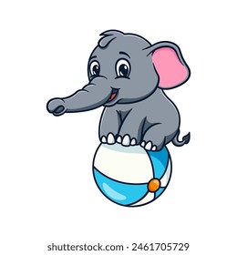 cartoon illustration design of a cute and kawaii elephant performing on a beach ball.