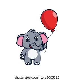 Cartoon illustration design of a cute and kawaii elephant holding a red balloon