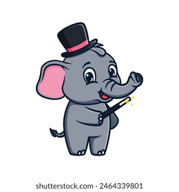 cartoon illustration design of a cute and kawaii elephant playing magic