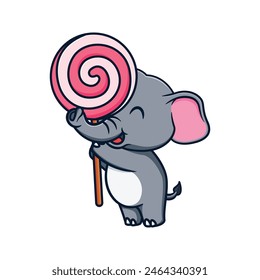 Cartoon illustration design of a cute and kawaii elephant eating a lollipop 