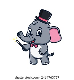 cartoon illustration design of a cute and kawaii elephant playing magic