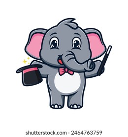 cartoon illustration design of a cute and kawaii elephant playing magic