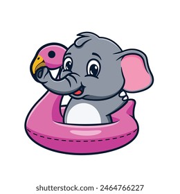 cartoon illustration design of a cute and kawaii elephant wearing a swimming float