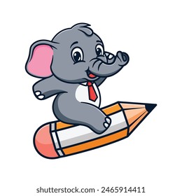 cartoon illustration design of a cute and kawaii elephant riding a pencil