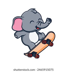 cartoon illustration design of a cute and kawaii elephant skateboarding