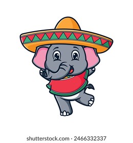 Diseño de ilustración de dibujos animados de elefante lindo y kawaii con sombrero sombrero sombrero y jugando maraca