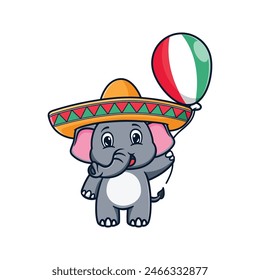 Cartoon illustration design of a cute and kawaii elephant with a sombrero hat and holding a balloon