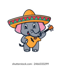 cartoon illustration design of cute and kawaii elephant with sombrero hat and playing guitar