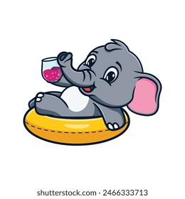 cartoon illustration design of a cute and kawaii elephant relaxing on a float