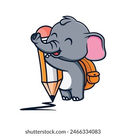 cartoon illustration design of cute and kawaii elephant writing with pencil