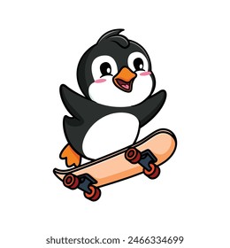 cartoon illustration design of cute and kawaii penguin skateboarding