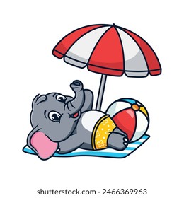 Cartoon illustration design of a cute and kawaii elephant relaxing on the beach with an umbrella and a ball.