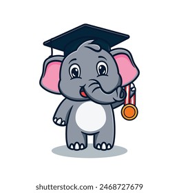 Cartoon illustration design of a cute and kawaii graduation elephant holding a medal