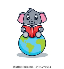 cartoon illustration design of a cute and kawaii elephant reading a book on planet earth