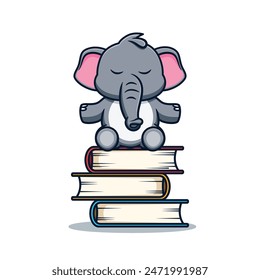 cartoon illustration design of a cute and kawaii elephant meditating on a pile of books