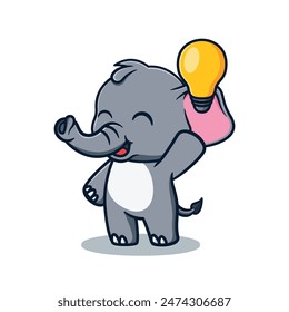 cartoon illustration design of a cute and kawaii elephant having an idea with a light bulb in hand