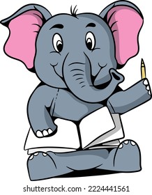 Cartoon illustration design cute little elephant carrying a book and pencil