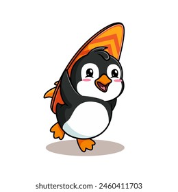 cartoon illustration design of a cute penguin and a kawai lifting a surfboard