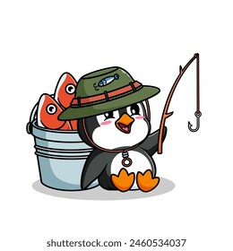 diseño de ilustración de dibujos animados de un lindo pingüino y pesca de kawai con un cubo lleno de peces