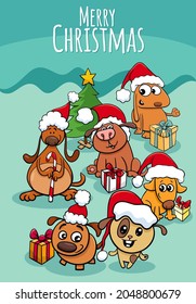 Cartoon illustration design or greeting card with puppies characters on Christmas time