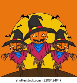 cartoon illustration design with a pumpkin-headed strawman theme wearing a witch hat
