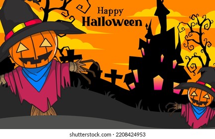 cartoon illustration design with a pumpkin-headed strawman theme wearing a witch hat