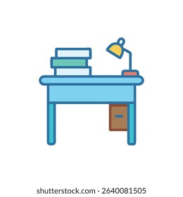 Cartoon Illustration of Desk with Books and Lamp