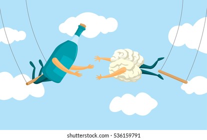 Cartoon illustration of desperate brain and alcohol bottle on flying trapeze