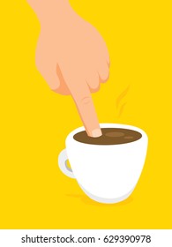 Cartoon illustration detail of finger dipping into hot coffee