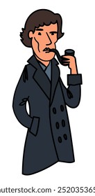 A cartoon illustration of a detective holding a pipe, dressed in a long coat, embodying a classic detective persona