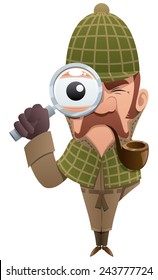 Cartoon illustration of detective, looking at you through magnifier.  No transparency used. Basic (linear) gradients. 