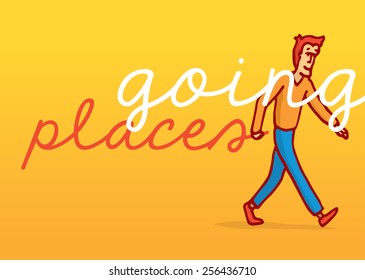 Cartoon illustration of determined man walking and going places