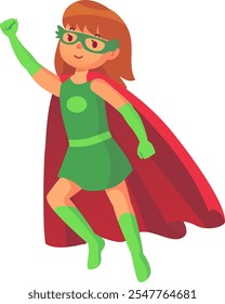 Cartoon illustration of a determined superhero girl flying with her fist raised, wearing a green costume, red cape, mask, and gloves, embodying strength and courage