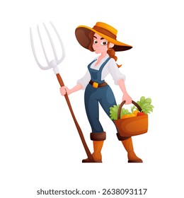 A cartoon illustration of a determined woman farmer holding a pitchfork and a basket filled with fresh vegetables. She is ready for work on the farm.