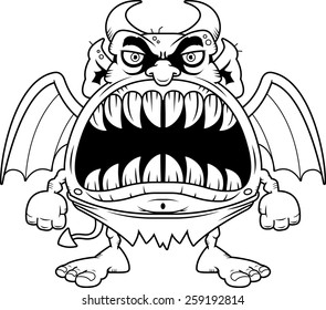 A cartoon illustration of a devil with a big mouth full of sharp teeth.