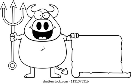 A cartoon illustration of a devil with a contract.