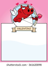 A cartoon illustration of a devil cupid in a Valentine's Day themed graphic.