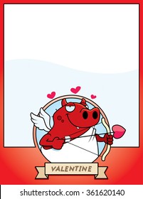 A cartoon illustration of a devil cupid in a Valentine's Day themed graphic.