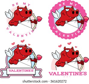 A cartoon illustration of a devil cupid in a Valentine's Day themed graphic.