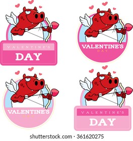 A cartoon illustration of a devil cupid in a Valentine's Day themed graphic.