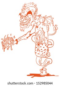 cartoon illustration of a devil genie holding a brain