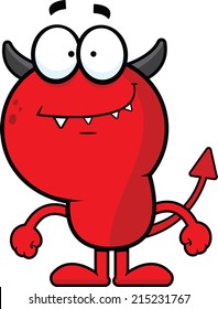 Cartoon illustration of a devil with a happy expression. 