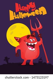 Cartoon illustration with devil holding pitchfork. Halloween design