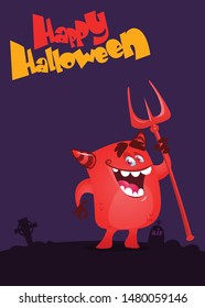 Cartoon illustration with devil holding pitchfork. Halloween design