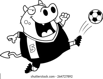 A cartoon illustration of a devil kicking a soccer ball.