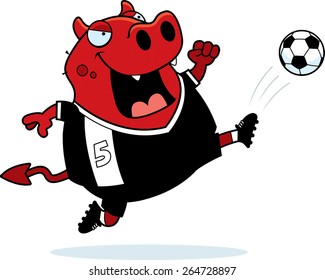 A cartoon illustration of a devil kicking a soccer ball.