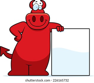 A cartoon illustration of a devil leaning against a sign.