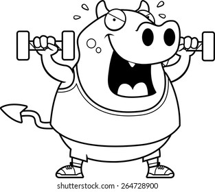 A cartoon illustration of a devil lifting dumbbell weights.